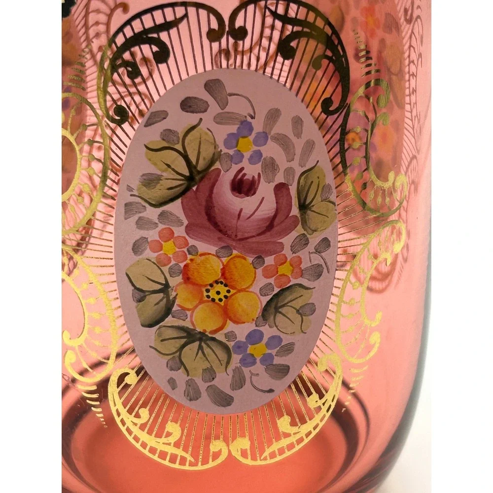 Vintage Bohemian‎ Cranberry Glass Vase Hand Painted Enamel Gold Czech Crystalex